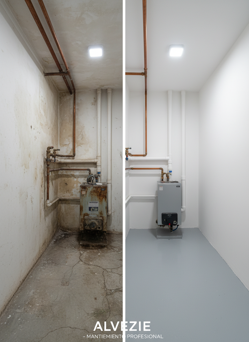 Imagen fotográfica de realismo nítido que muestra un comparativo de antes y después de un proyecto de mantenimiento residencial. La mitad izquierda presenta una sala de calderas pequeña, con tuberías oxidadas, paredes manchadas y un suelo desgastado, todo ligeramente apagado y desaturado. La mitad derecha muestra el mismo espacio completamente renovado: tuberías nuevas de cobre brillante y PVC blanco, caldera moderna gris plata, paredes recién pintadas en blanco, suelo limpio y nivelado. La iluminación superior es uniforme y fría, revelando cada detalle técnico. La línea divisoria es vertical y precisa, encuadre frontal simétrico con foco total, generando una sensación clara de transformación profesional y eficiencia del servicio de mantenimiento de AlvezIE.